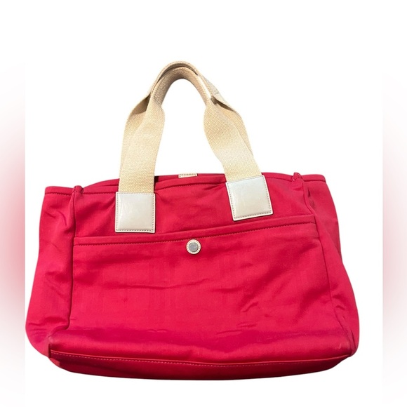 BURBERRY Red Canvas Ivory Fabric Leather Handles Satchel Tote Bag Made in Italy - Picture 1 of 15